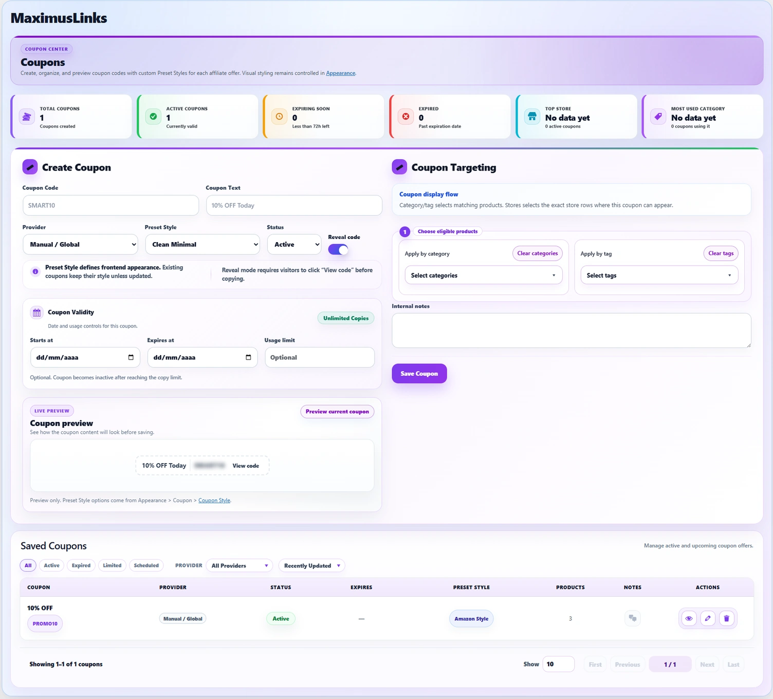 Página Coupons real do painel MaximusLinks