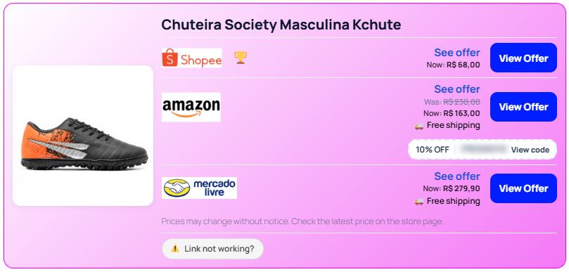 Price Box do MaximusLinks para Chuteira Society Masculina Kchute com ofertas da Shopee, Amazon e Mercado Livre